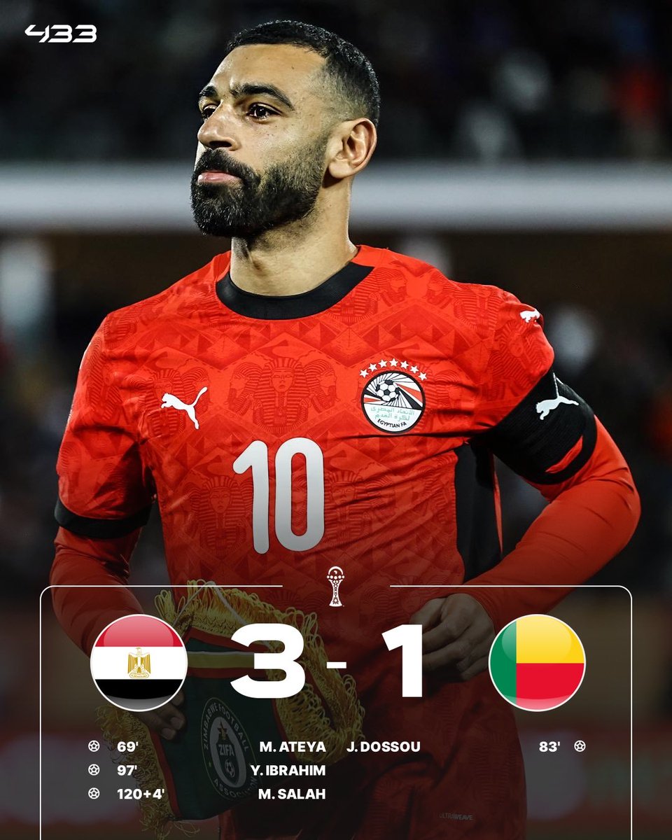 433's tweet image. 𝐌𝐎 𝐒𝐀𝐋𝐀𝐇 𝐇𝐄𝐋𝐏𝐒 𝐄𝐆𝐘𝐏𝐓 🇪🇬 𝐓𝐎 𝐓𝐇𝐄 𝐐𝐔𝐀𝐑𝐓𝐄𝐑-𝐅𝐈𝐍𝐀𝐋𝐒 𝐎𝐅 𝐓𝐇𝐄 𝐀𝐅𝐂𝐎𝐍 💪

They will face Ivory Coast 🇨🇮 or Burkina Faso 🇧🇫 on Saturday for a place in the semis 🌍
