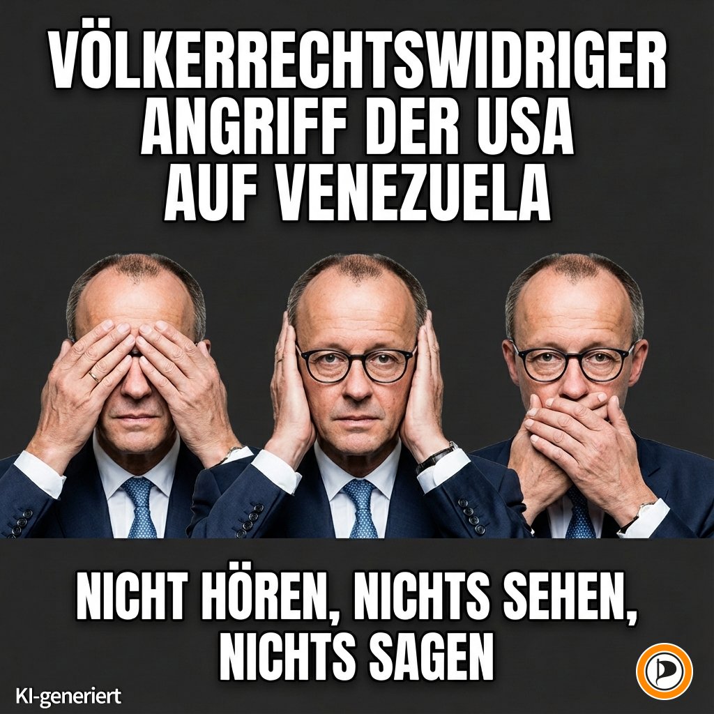 Bundeskanzler Friedrich #Merz zum völkerrechtswidrigen Angriff der USA auf Venezuela: Nichts hören, nichts sehen, nichts sagen. Was kommt als Nächstes? Die Annektion von Grönland durch die USA? Putin und Xi lachen sich tot. #NichtMeinKanzler #PIRATEN