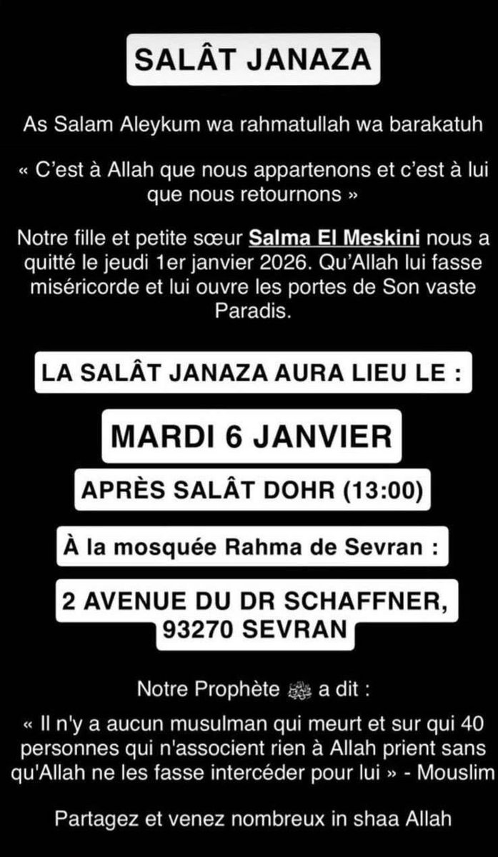 svbrwnd's tweet image. Salât Janaza Mardi 6 janvier 2026
Mosquée Rahma à Sevran 
Partagez SVP