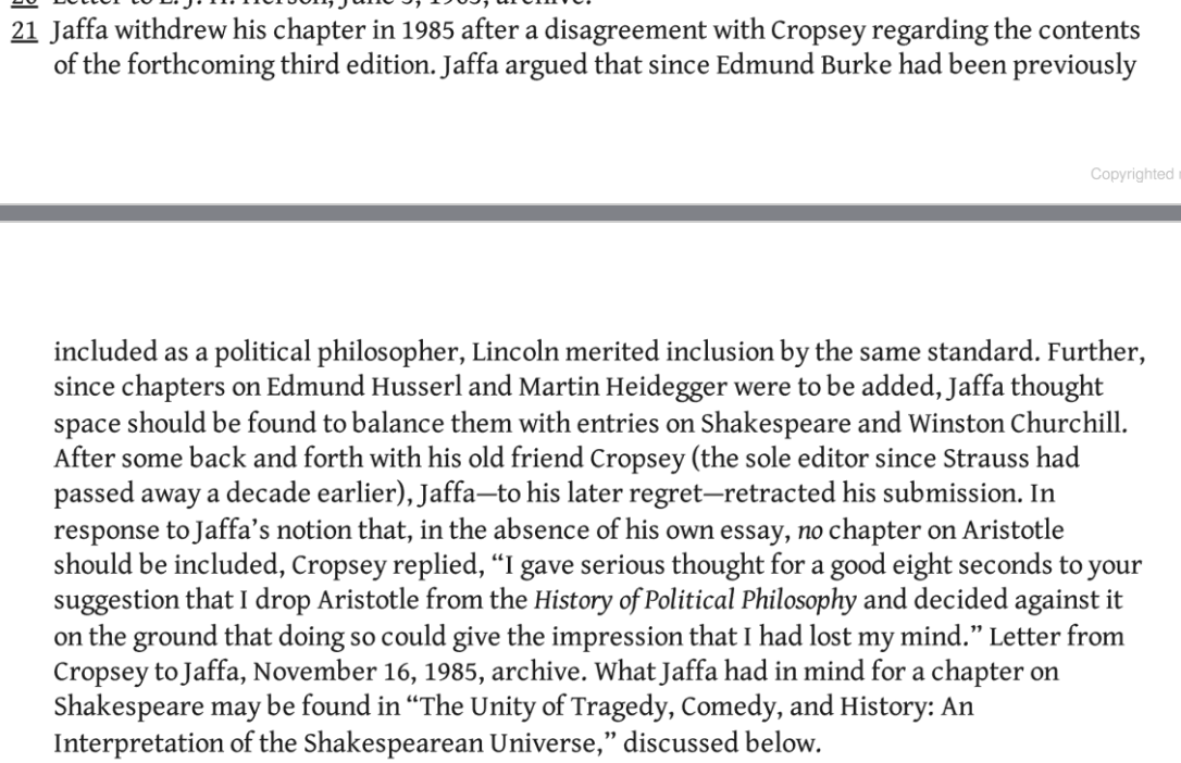 ls_foundation's tweet image. Glenn Ellmers (in The Soul of Politics) on Harry Jaffa's withdrawal of his Aristotle chapter from the Strauss-Cropsey History of Political Philosophy...