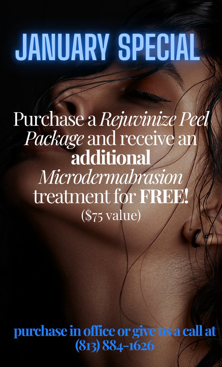 DermAssocofTB's tweet photo. From 01/01/26-01/31/25, purchase a Rejuvinize Peel Package &amp; receive an additional Microderm for FREE! You can purchase this amazing deal in office or over the phone. Call us at (813) 884-1626.
Cosmetic consultation is REQUIRED. Purchase is good up to one year from purchase date https://t.co/f4IUWZehtf