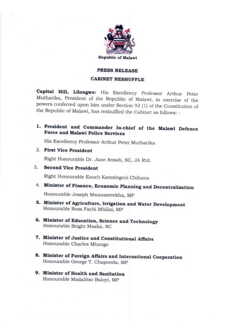 MalawiGovt's tweet image. Cabinet Appointments