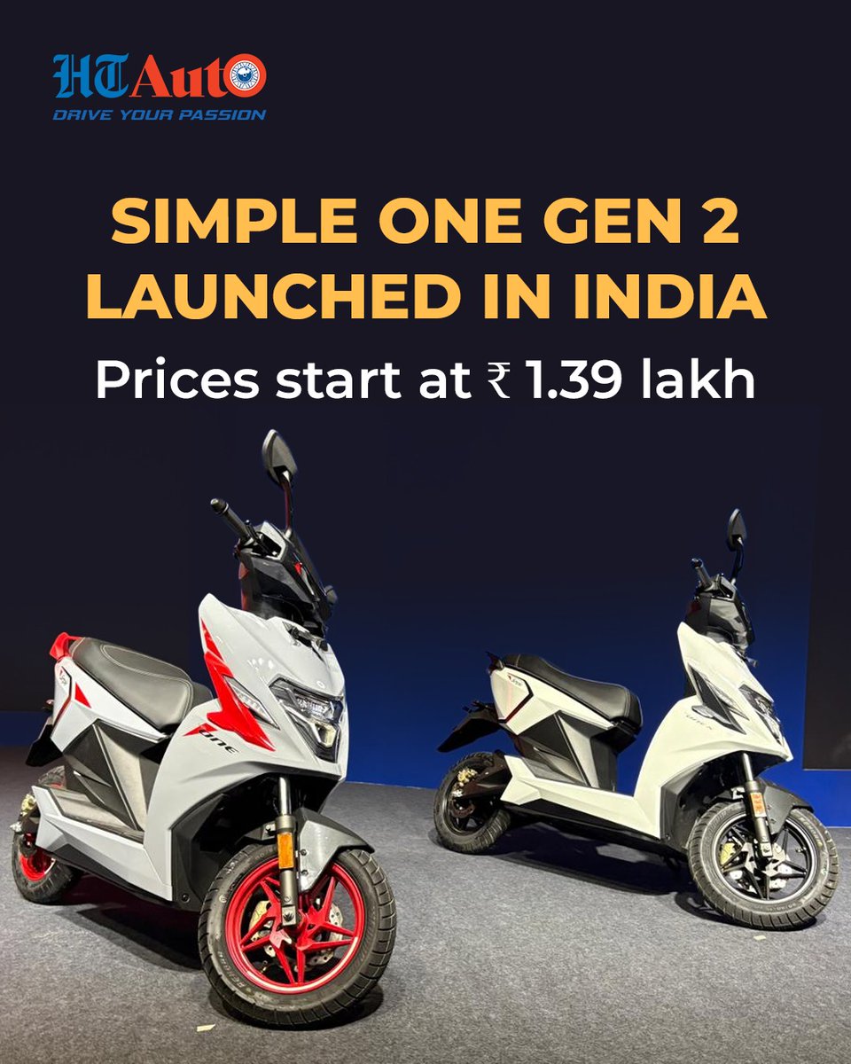 HTAutotweets's tweet photo. .@SimpleEnergyEV  has introduced the next-generation #SimpleOneGen2 electric scooter in India, with introductory prices starting at ₹1.39 lakh (ex-showroom). 

Read more: https://t.co/mLqlWzpkj9 https://t.co/zUDsry2zxU