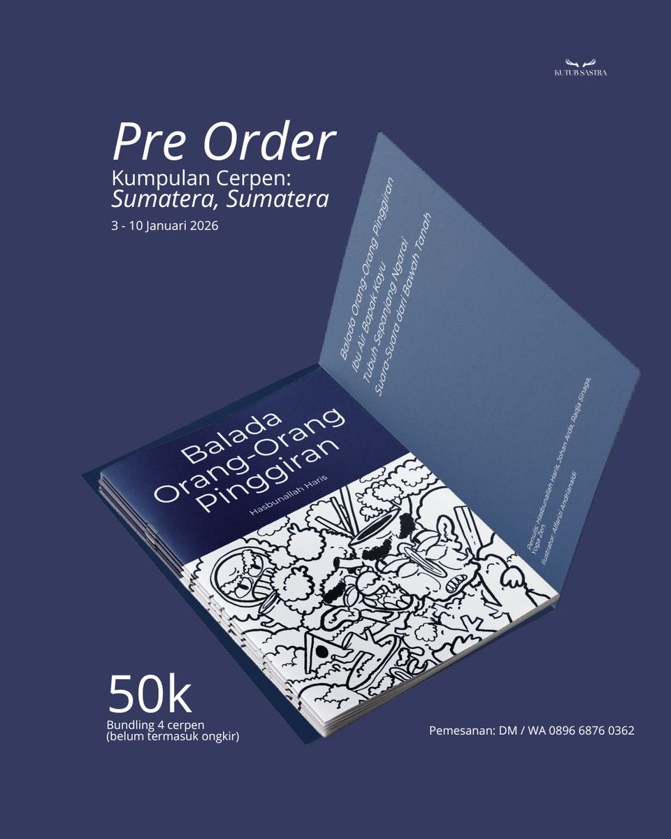 halo, kawan2. kami menjual zine berisi 4 cerpen bertemakan banjir sumatera. harganya 50k. program ini digagas kutub sastra: komunitas sastra yang bergiat di padang. seluruh keuntungan penjualan akan didonasikan kepada korban bencana sumatera.

⬇️