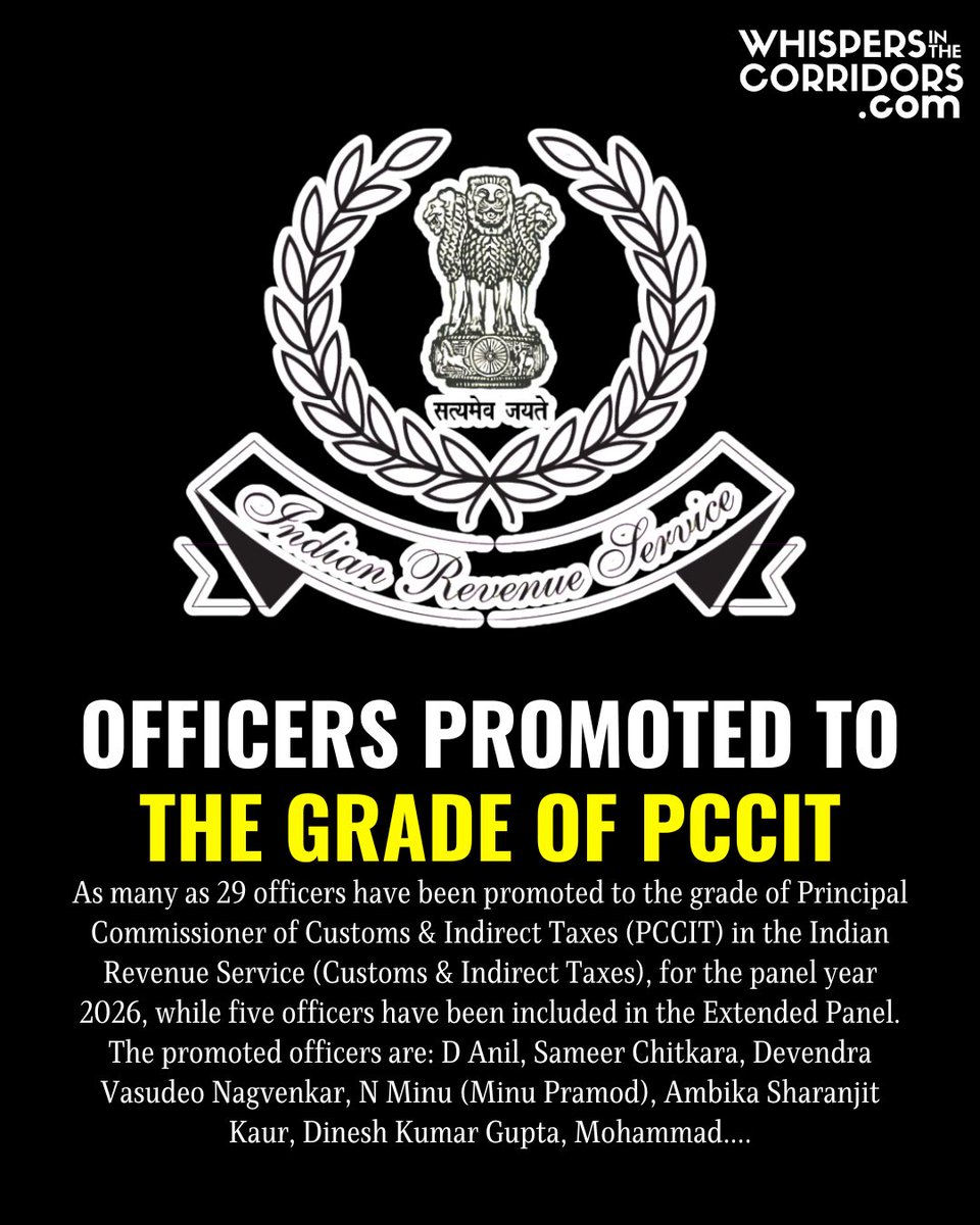 https://t.co/ZSD7OtkRMP Officers promoted to the grade of PCCIT As many as  29 officers have been promoted to the grade of Principal Commissioner of  Customs \u0026 Indirect Taxes (PCCIT) in the Indian Revenue, image size:960x1200