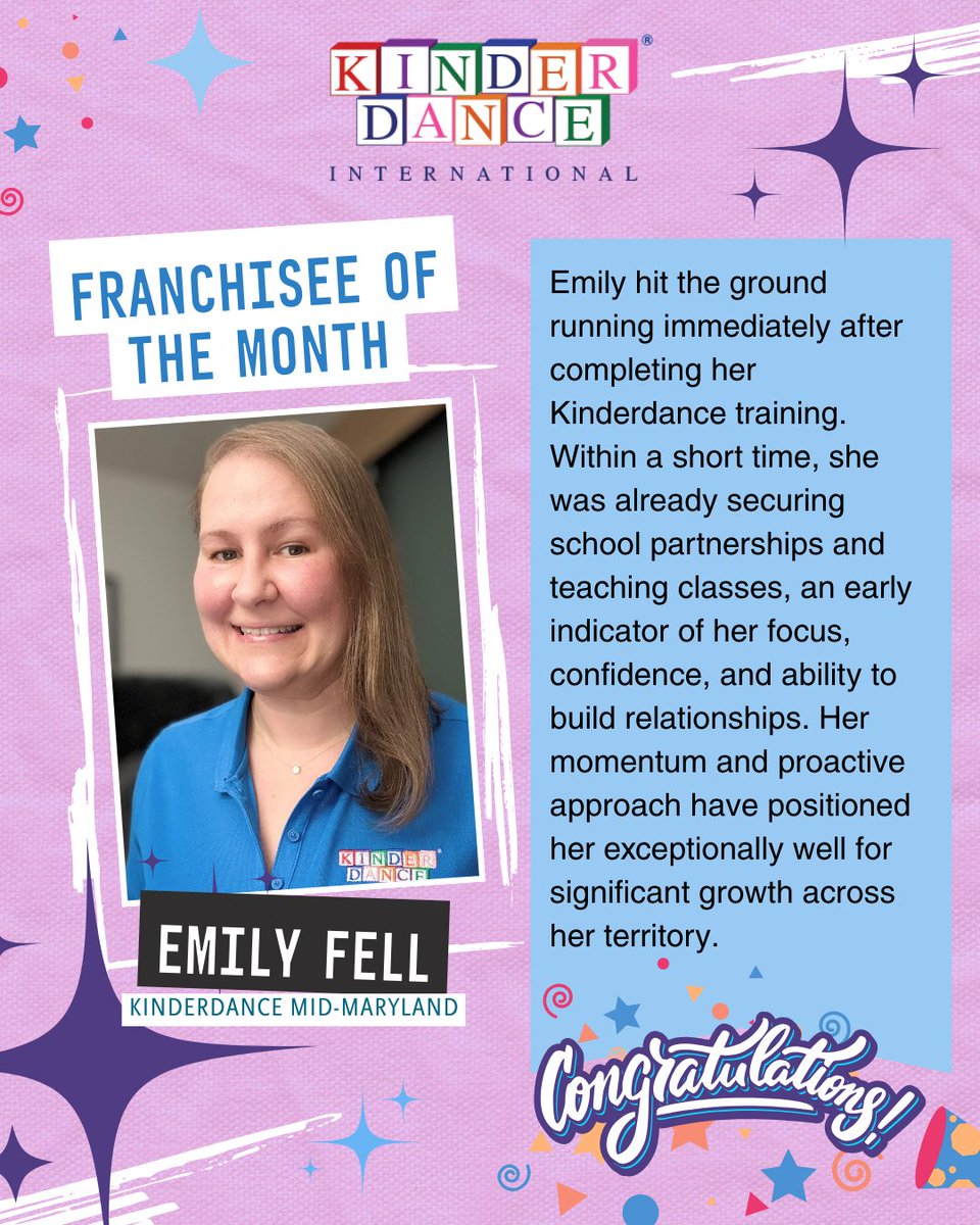 Congratulations to Emily Fell of Kinderdance Mid-Maryland for being chosen as the January 2026 Franchisee of the month!
#kinderdanceinternational #franchiseeofthemonth #risingstar #welldeserved #franchisebusiness #danceandmotion #BusinessGrowth