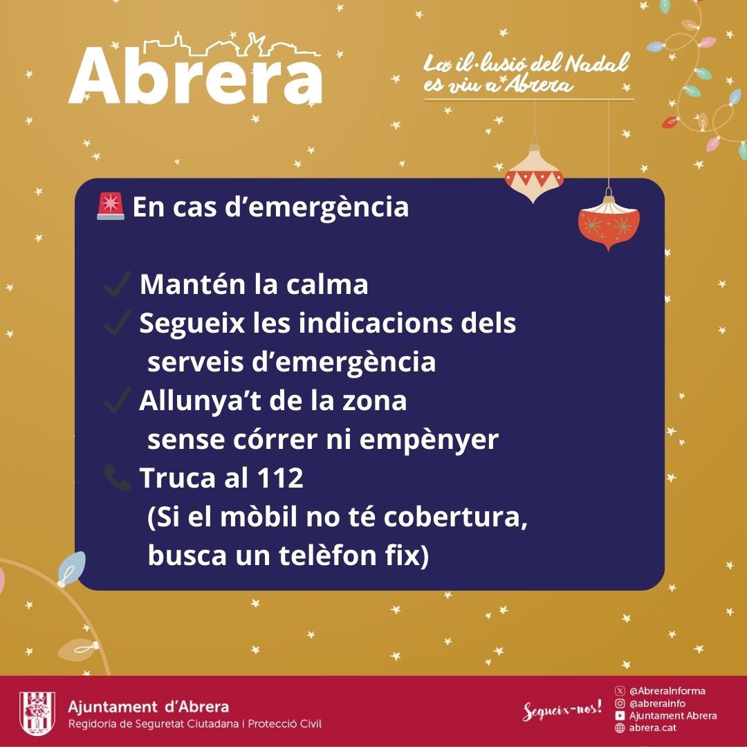 ✨ La il·lusió del Nadal arriba a #Abrera! 

Gaudeix de la Cavalcada de Reis amb seguretat 👇

Consulta info oficial i recorregut, abriga’t, fixa punt de trobada i identifica els infants. Mantén-te darrere les tanques, vigila la mainada i, en emergència, truca al 112.