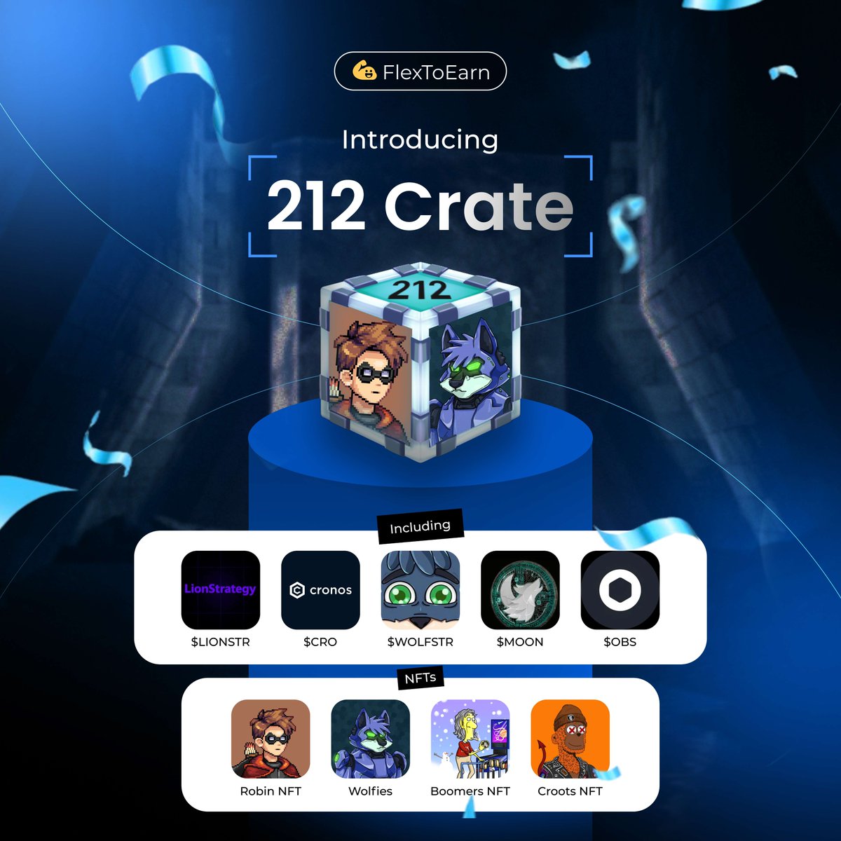 🚀 Introducing the 212 Crate on FlexToEarn (LIMITED TIME)

Tokens, NFTs, and pure <a href="/cronos_chain/">Cronos</a>  energy inside !

$LIONSTR, $CRO, $WOLFSTR, $MOON, $OBS

Featuring NFTs: Robin ( <a href="/ObsidianSwap/">ObsidianSwap | SWAP. CLAIM. WIN!!</a> ), Wolfies (<a href="/wolfswapdotapp/">Wolfswap | Swap & Earn</a> ), Boomers (<a href="/PUUSHDABUTTON/">puush.fun</a> ) &amp; Cr00ts-X (<a href="/Cr00tsNFT/">Cr00ts-X | Skully-X 🧪🧬</a> ) and