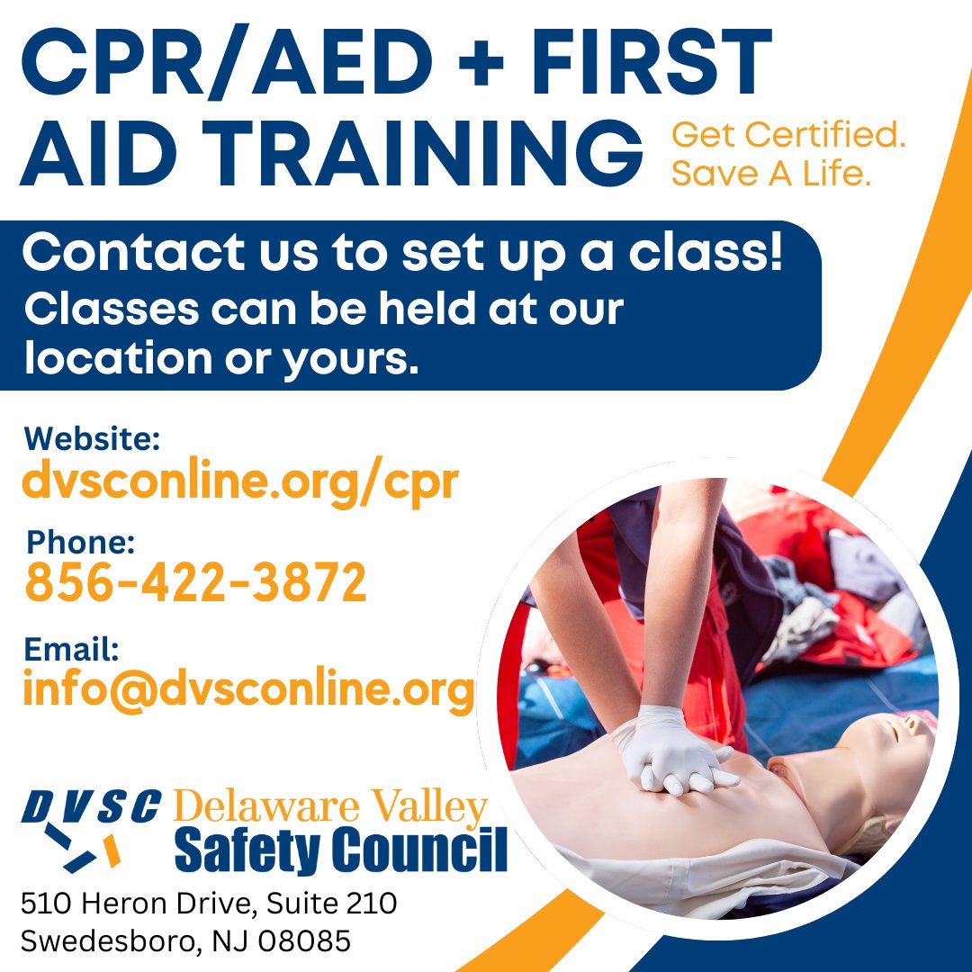 DvscAdmn's tweet photo. CPR/AED + First Aid Training
Get Certified. Save A Life.

Contact us to set up a class. Or, we can come to you!

DELAWARE VALLEY SAFETY COUNCIL
https://t.co/aiQFbbFjGP
856-422-3872
info@dvsconline.org

#CPR https://t.co/9BtYDrkTyF