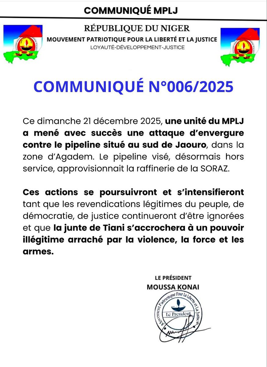 NIGER 🇳🇪 - On Monday, January 5, 2026, the Niger Framework for Combating Abuses (CDN) issued a statement expressing “grave concern” about the transport and storage of nearly 1,000 tons of uranium in Niamey.

🔶 The CDN warns of the harmful effects of yellowcake on public health