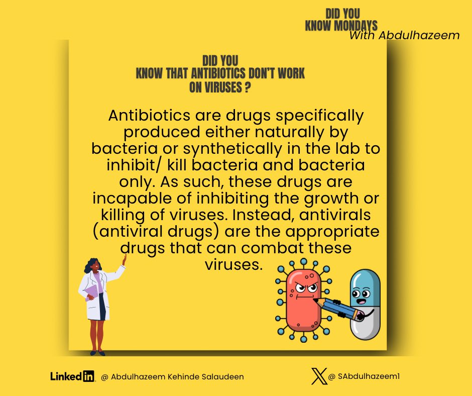 SAbdulhazeem1's tweet photo. Today’s and the first of “Did You Know Mondays”

 Did you know that Antibiotics don’t work against viruses ?
Check out the full info on LinkedIn ⬇️
https://t.co/oseRS3X8ts

@ASMicrobiology @nimrnigeria 
#microbio https://t.co/QfiFTtzGeP