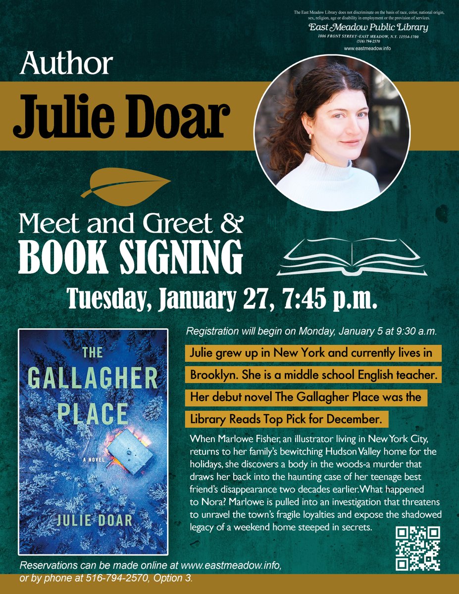 January 27, 2026 at 7:45 p.m. Register now to meet author Julie Doar, whose debut novel The Gallagher Place was the LibraryReads Top Pick for December. Julie will be signing copies of her book which will be for sale after the program. #meettheauthor