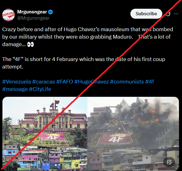 GeoConfirmed's tweet image. GeoConfirmed VEN.

Disinformation: Claims of Hugo Chávez's Mausoleum Being Bombed

For days, certain individuals have claimed that Hugo Chávez's mausoleum was bombed.

We previously conducted a fact-check proving that the images used in those claims were from a different…