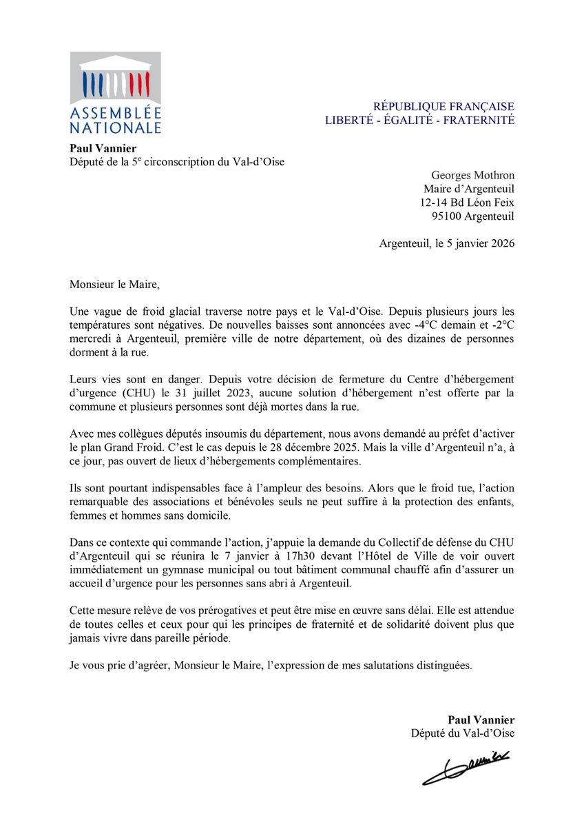 On ne peut pas laisser des personnes à la rue mourir de froid.

Je demande au maire d’Argenteuil d’ouvrir immédiatement un gymnase municipal afin d’assurer un accueil d’urgence.