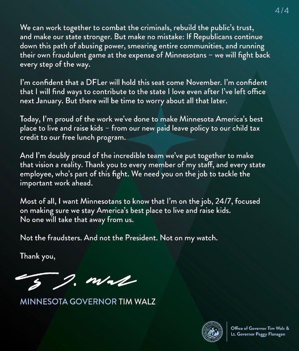 Breaking911's tweet photo. 🚨 Tim Walz officially announces he will not seek reelection in 2026. https://t.co/ungna7viVm
