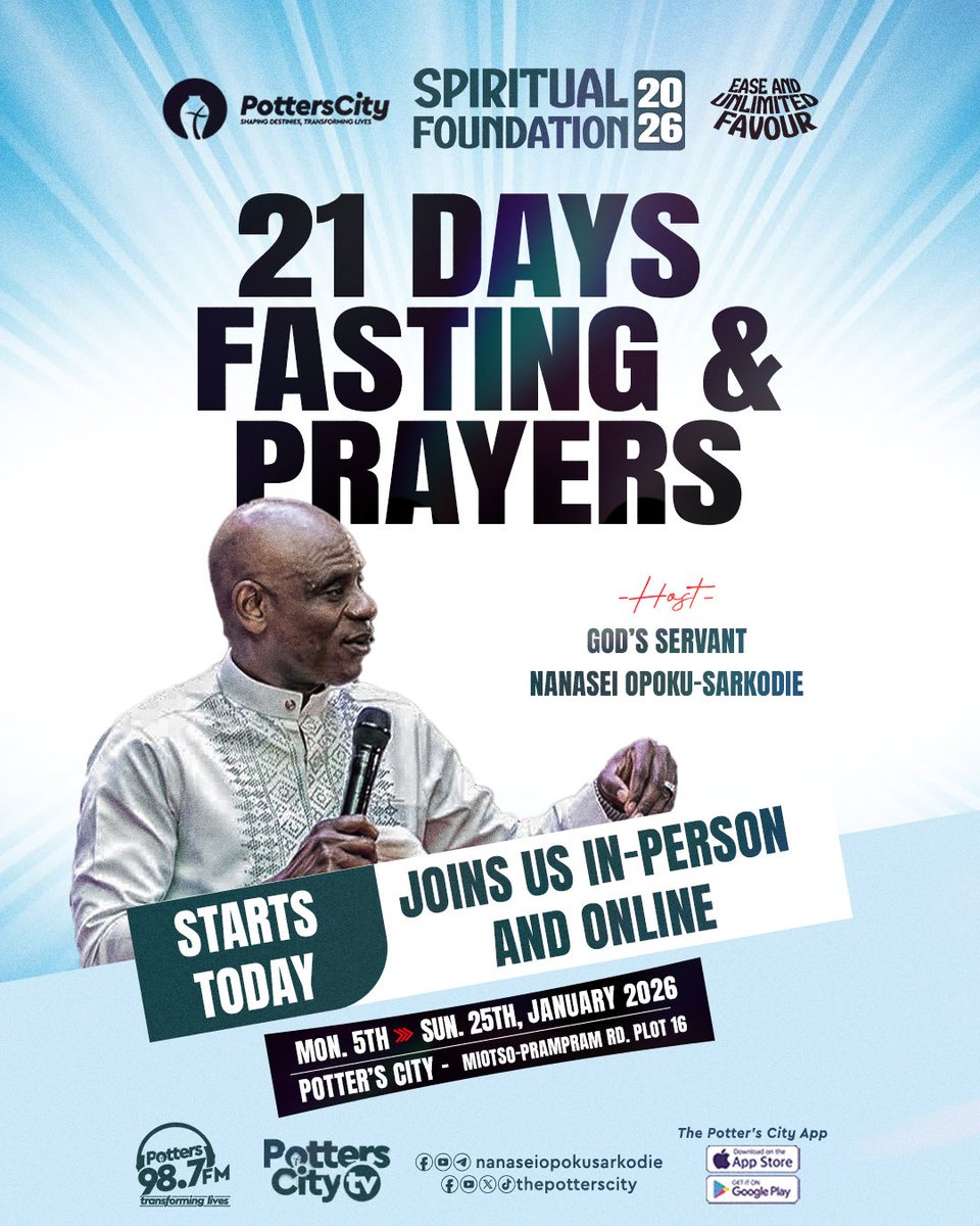 thepotterscity's tweet photo. A season of prayer.
A season of alignment.
A foundation for 2026.

21 Days of Fasting &amp; Prayers starts today at Potters City.
Join us at 5pm in-person or online 🙏🔥

#SpiritualFoundation #21DaysOfPrayer
 #PrayerandFasting #PottersCity https://t.co/iiBuT6pdI0