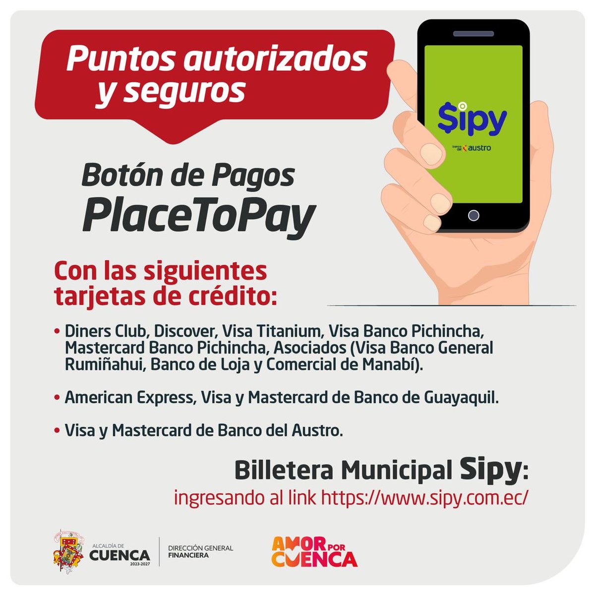 MunicipioCuenca's tweet image. 📲 ¡Tu pago, en un clic!

Con la billetera municipal #Sipy y el botón PlaceToPay, puedes cancelar tus obligaciones de forma segura y desde cualquier lugar.

#AmorPorCuenca ❤️💛