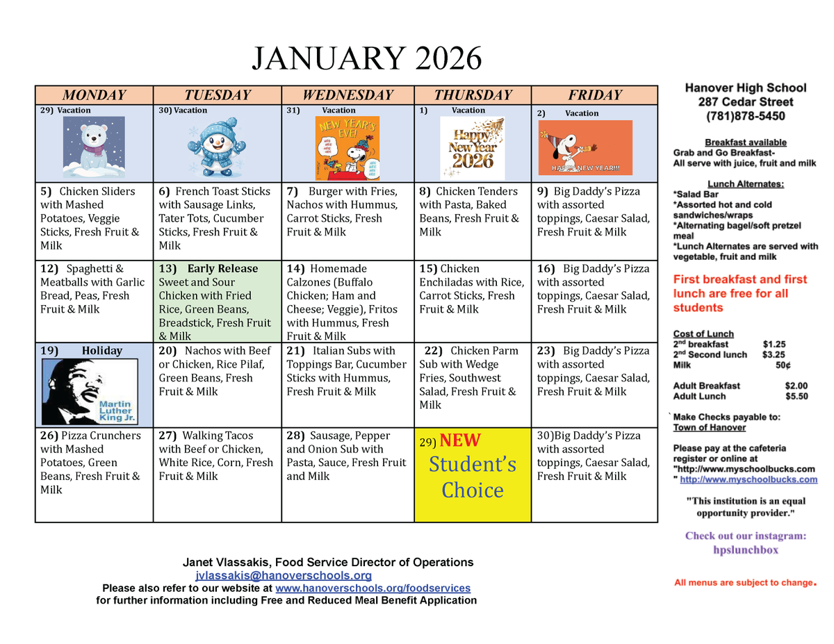 hpsma's tweet photo. Explore the Hanover Public Schools lunch menus for January 2026. Look at your school's offerings and discover delightful options for a satisfying meal! Bon appétit! 🥪🍕🥦🍅

For additional information, visit https://t.co/glcgu8R1Nu https://t.co/nlrLadgwnC