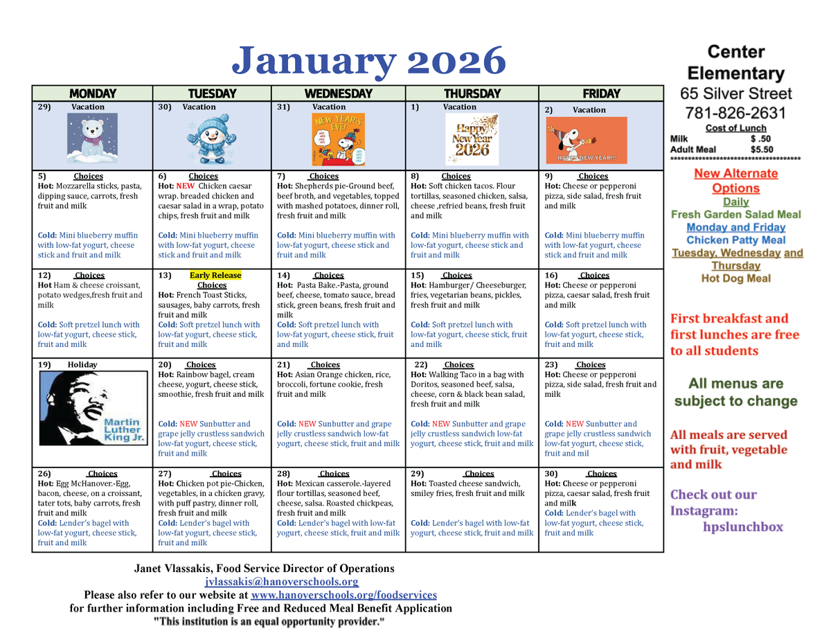 hpsma's tweet photo. Explore the Hanover Public Schools lunch menus for January 2026. Look at your school's offerings and discover delightful options for a satisfying meal! Bon appétit! 🥪🍕🥦🍅

For additional information, visit https://t.co/glcgu8R1Nu https://t.co/nlrLadgwnC