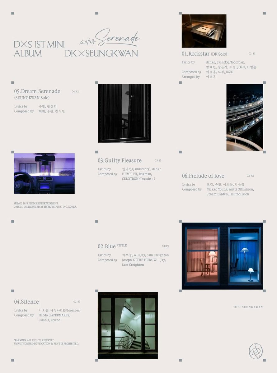 npomvtt's tweet image. 𝐃𝐊 X 𝐒𝐄𝐔𝐍𝐆𝐊𝐖𝐀𝐍 (SEVENTEEN) divulgam a tracklist do 1° mini álbum "Serenade", que será lançado no dia 12 de janeiro.

Os dois foram creditados.