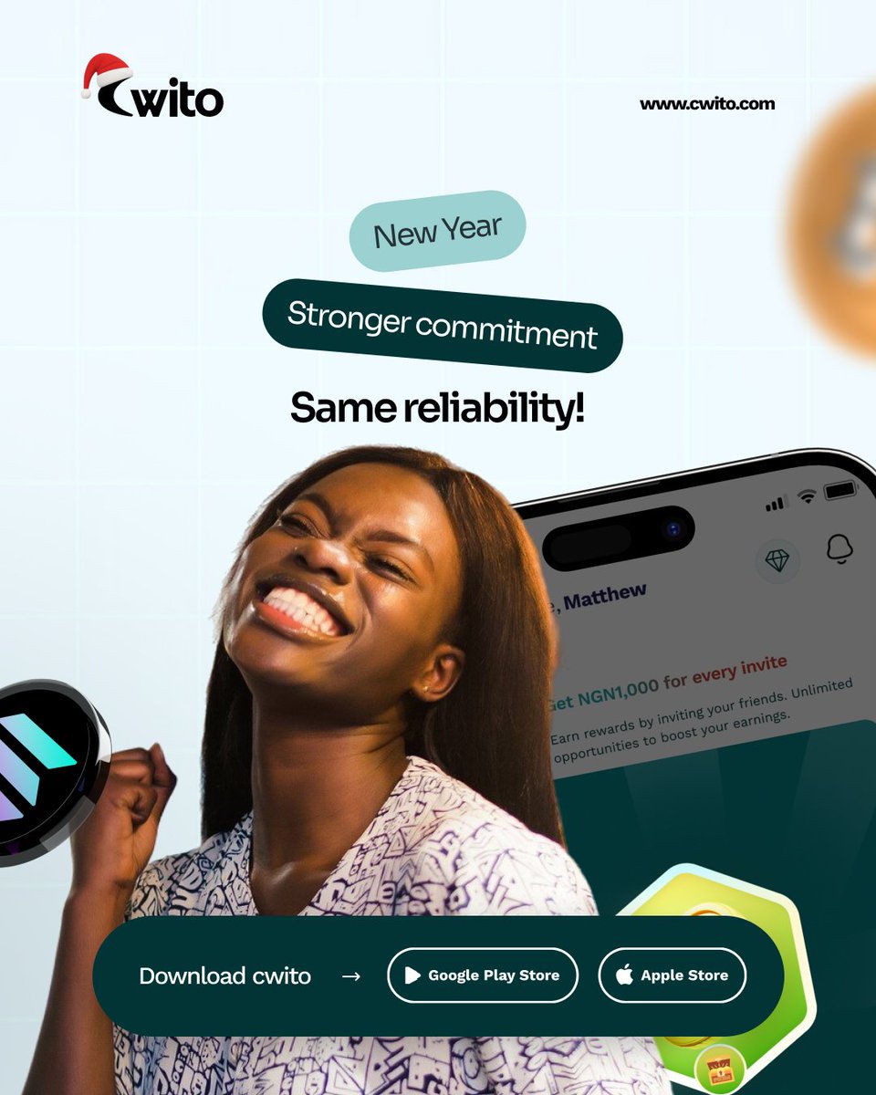 UseCwito's tweet photo. New year. Stronger commitment. Same reliability. 💚✨
As we step into this new chapter, one thing remains unchanged — our promise to deliver fast, seamless, and reliable crypto-to-cash conversions, every single time.
If you’re building smarter money habits this year, Cwito is right here with you. 🚀
👉 Follow us for updates, tips, and exclusive offers
🔔 Turn on post notifications so you never miss what’s next
New year, same trusted Cwito.

#Cwito #NewYearCommitment #CryptoToCash #CryptoNigeria #CryptoAfrica #DigitalFinance #FintechNigeria #ReliableTransactions #FastPayments #CryptoCommunity #WeMoveCrypto #TrustCwito
