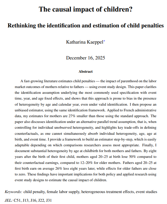 PSEresearch's tweet photo. Katharina Kaeppel (@PSEinfo) | The causal impact of children? Rethinking the identification and estimation of child penalties
https://t.co/qR66Uqp1r9 https://t.co/nJ2Cin545o
