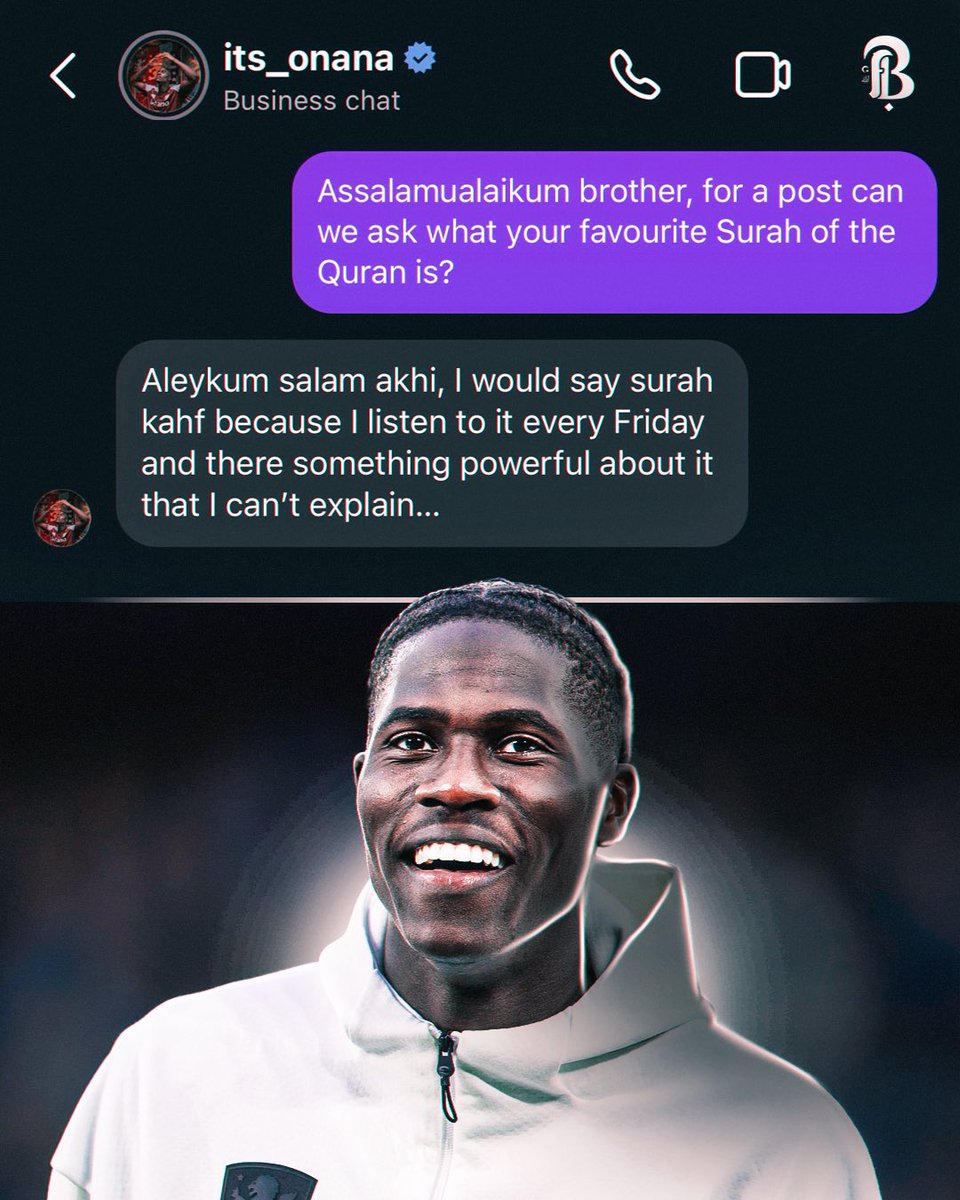 FaithfullBaller's tweet image. We asked Amadou Onana for his favourite Surah of the Quran and he told us his favourite was Surah Kahf 🤲

May Allah bless him, allow us to carry out this Sunnah of the Prophet Muhammad ﷺ and to allow us to had a firm and strong relationship with the Quran. Ameen ❤️