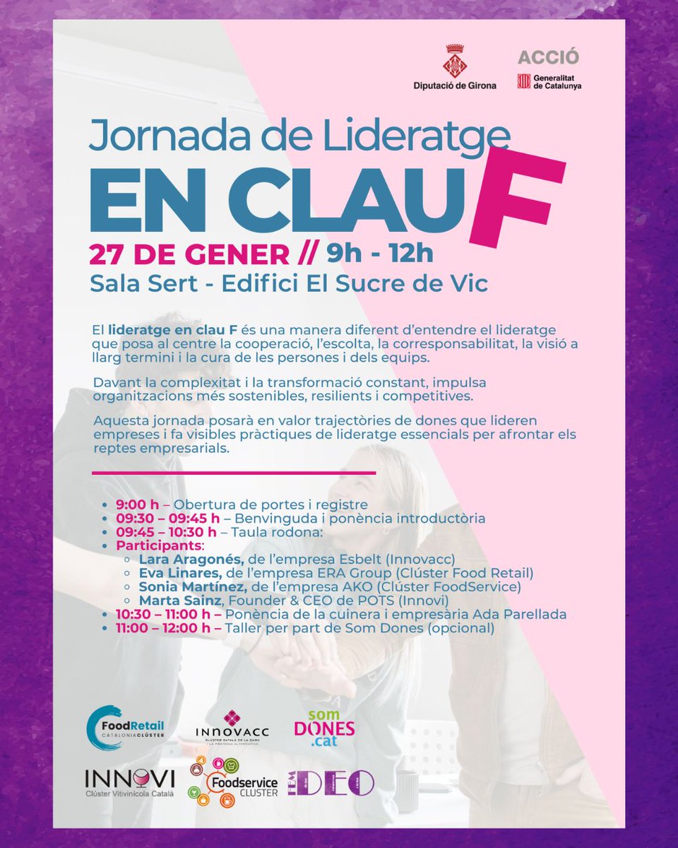 🚀 Apunta’t a la Jornada de Lideratge en Clau F!
Descobreix una nova manera de liderar organitzacions amb cooperació, escolta i cura dels equips.

🗓 27/01/2026 | 🕘 9:00–12:00 | 📍 Sala Sert, Vic

📲 Inscriu-te: docs.google.com/forms/d/e/1FAI…