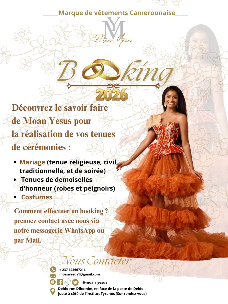 Et si votre grand jour commençait par une tenue signée Moan Yesus ✂️

Bookings : 
WhatsApp (Message) : 695667216
ou par mail : moanyesus1@gmail.com

#moanyesussignature #madeincameroon
