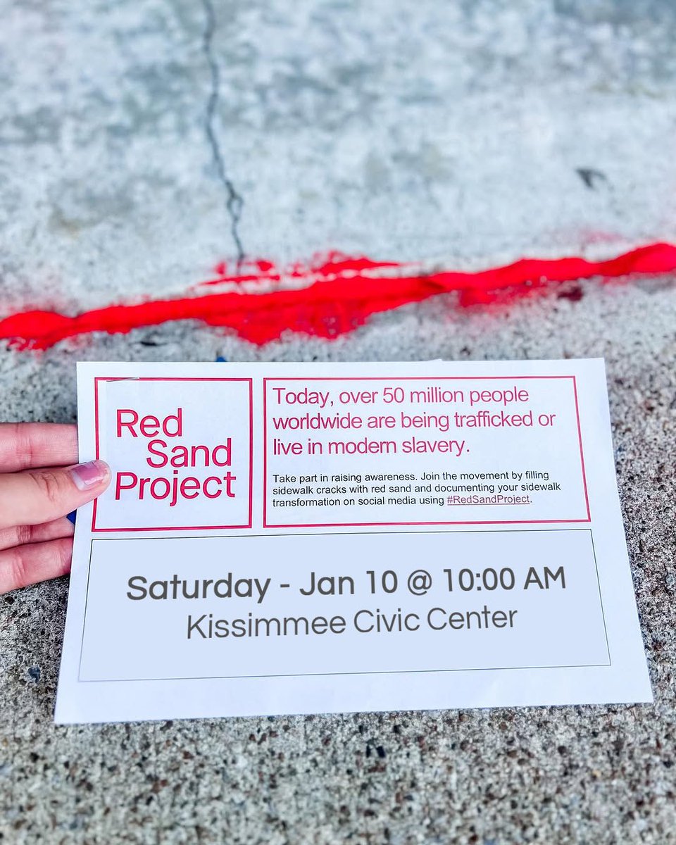 central_safe's tweet photo. We invite you to the Red Sand Project, a movement that raises awareness for those affected by modern day slavery by filling sidewalk cracks with red sand. https://t.co/ZIGrzV3QCk
THIS SATURDAY - Jan 10 @ 10AM
Kissimmee Civic Center
#redsandproject #endhummantrafficking #safecf https://t.co/bGxjaW01SL