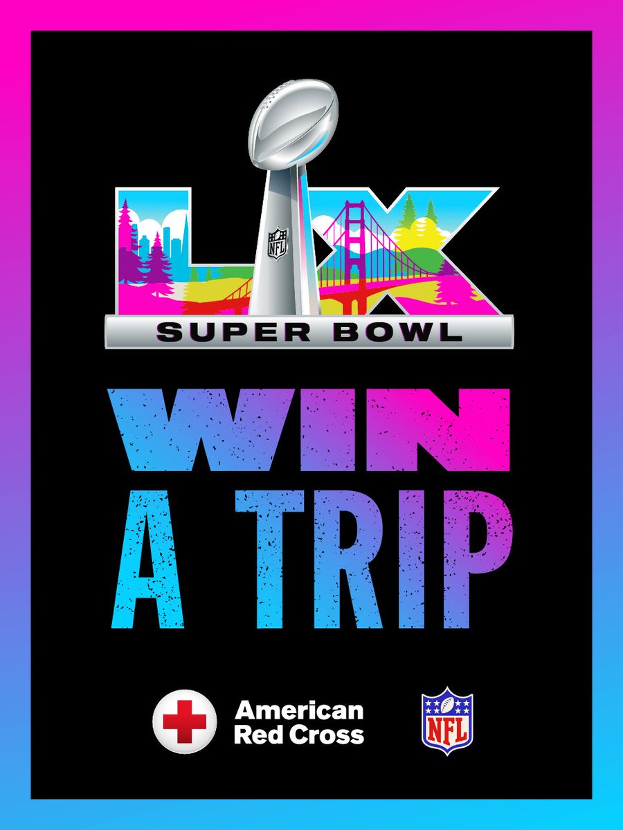 Make a game plan to give blood with the Red Cross Jan. 1-25, and you could win big! In thanks for donating during the critical post-holiday time, you'll be entered for a chance at a trip for 2 to Super Bowl LX. Schedule now at rcblood.org/3gZzuZ5 (T&amp;C; other entry).