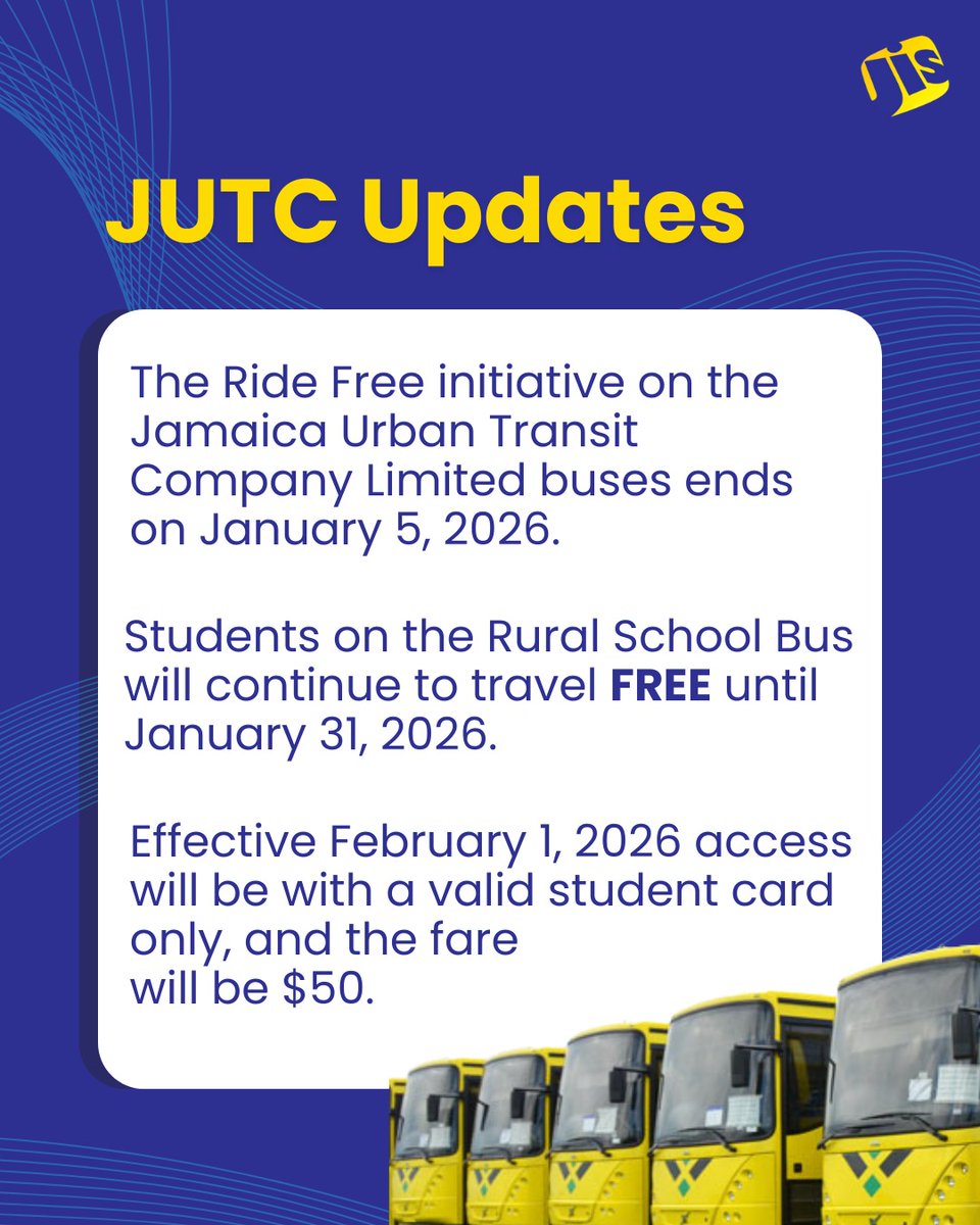 The Jamaica Urban Transit Company (JUTC) is advising that the public that the Ride Free Iniative will end today, Monday, Janaury 5, 2026. 

Students utilising the Rural School Bus Service will continue to travel free until January 31, after which a $50 fare and a valid student ID