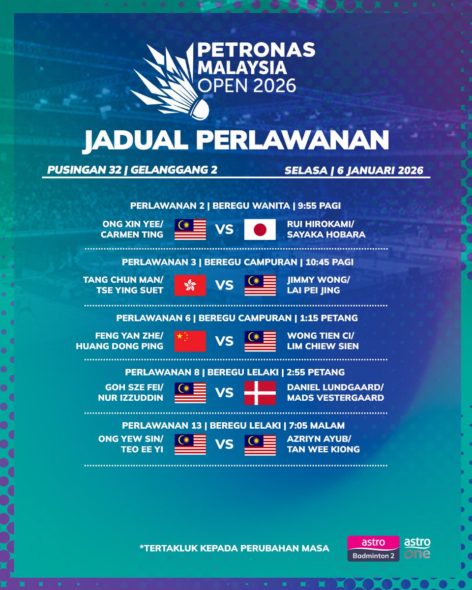 ASTROARENA's tweet photo. Gelanggang kembali bergegar di Axiata Arena! 🔥🏸

Saksikan segala aksi badminton Petronas Malaysia Open 2026 hanya di Astro Arena, Astro Badminton &amp; Astro One

#PMO2026 https://t.co/KwUv09Gxoc
