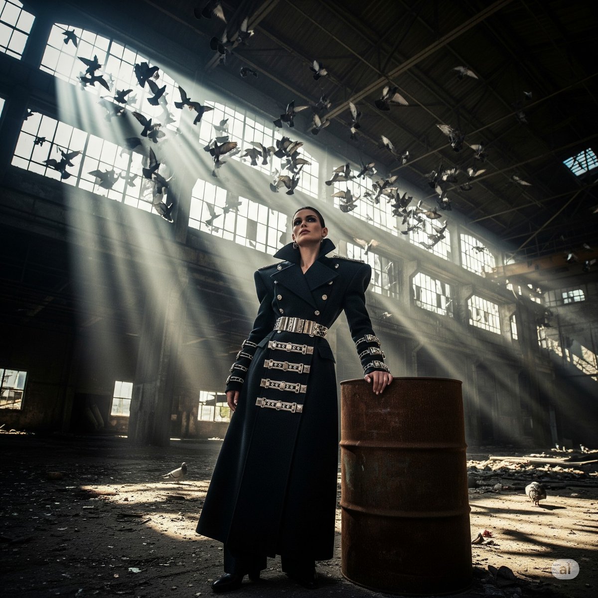 syntaxaegis's tweet photo. She ran the abandoned refinery like an empress in exile—belted in steel, flanked by pigeons, and allergic to rust.

#hautecouture #digitalart #surreal #fashion #surrealism https://t.co/AmlyKc7E9O