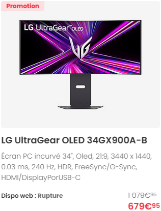 Promo sur le LG UltraGear OLED 34GX900A-B chez <a href="/materielnet/">Materiel.net</a> , voici le lien si ça vous intéresse materiel.net/produit/202507… . #ad