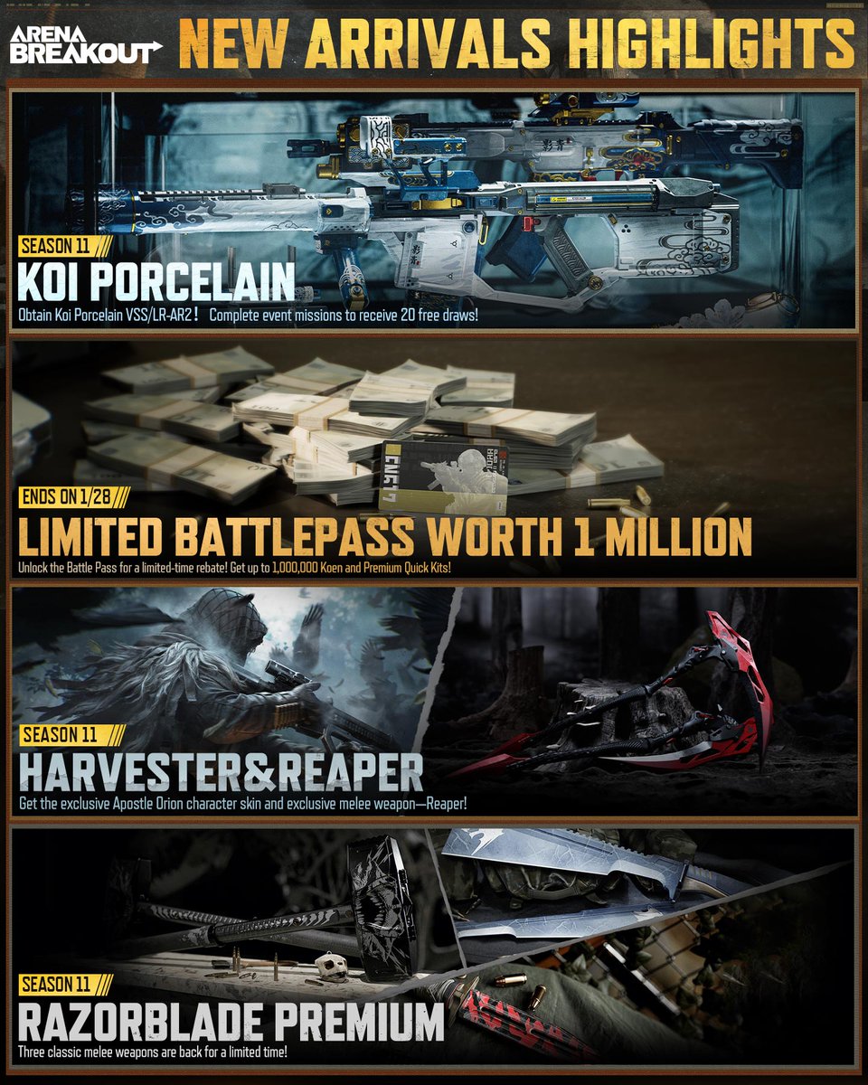 Arena__Breakout's tweet photo. New Arrivals Highlights

It's time to treat yourself to some new gear for the New Year.

#ArenaBreakoutS11 #DusttoGold https://t.co/SoiWW4paOd