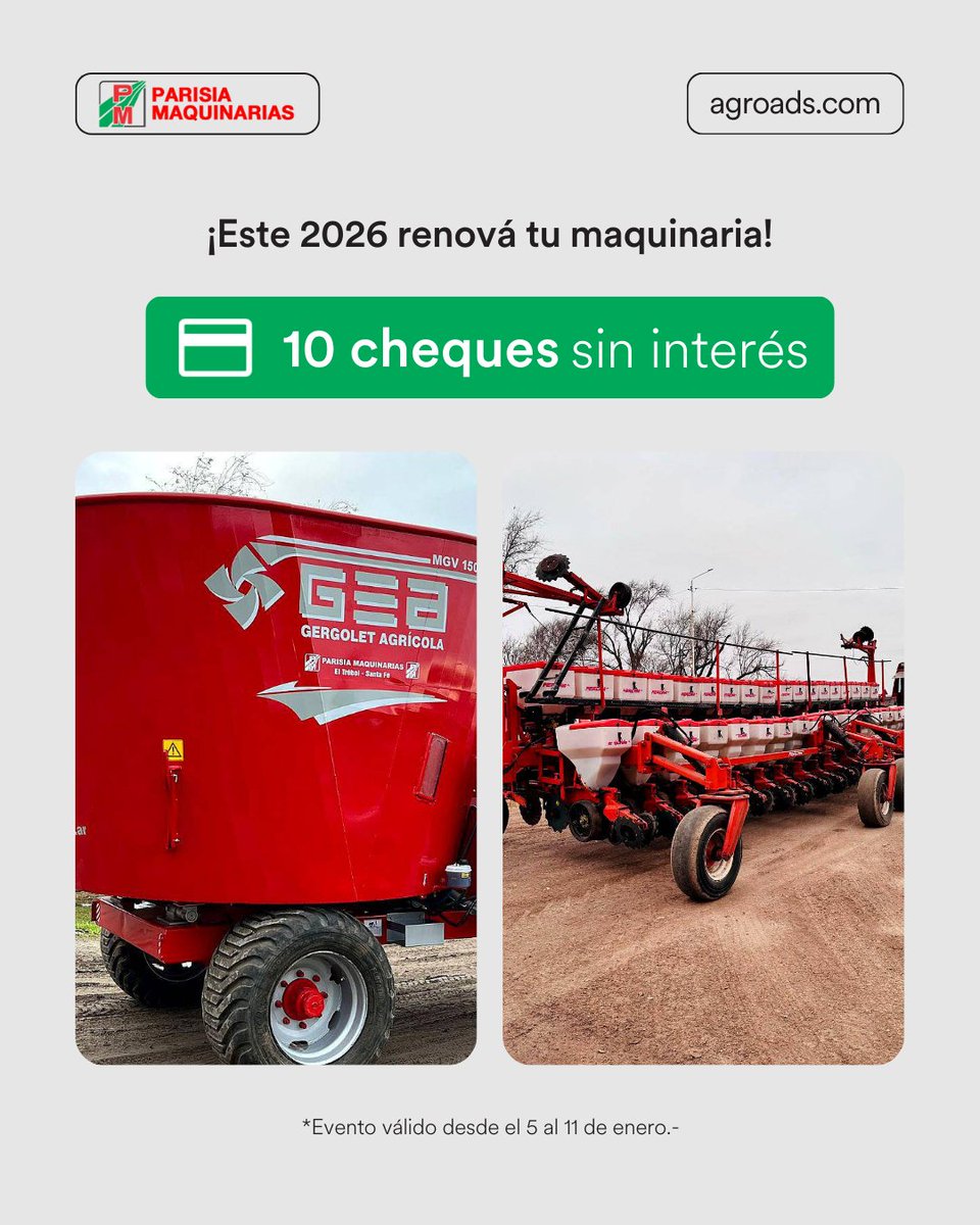 Agroads's tweet image. Equipate sin frenar 🌱
Hasta 10 cheques sin interés en sembradoras usadas seleccionadas para arrancar la campaña con todo.
Mirá el stock, compará y cerrá hoy: bit.ly/4ptJl6P

#agroads #parisiamaquinarias #sembradoras #usadas #cheques #financiacion #campo #agro