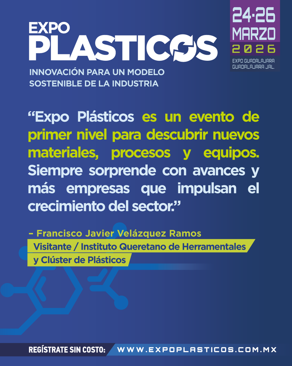 En Expo Plásticos 2026 encuentra soluciones que integran automatización, digitalización y tecnología en vivo para optimizar procesos y elevar la eficiencia en planta.

Regístrate SIN COSTO 👇 
expoplasticos.mx/2026/registro-… 

📅 24 al 26 de marzo, 2026 
📍 Expo Guadalajara