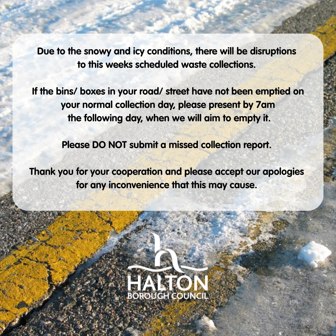 🚨Please note - due to the snowy and icy conditions, there will be disruptions to this weeks scheduled waste collections.

⏰ If the bins/ boxes in your road/ street haven't been emptied on your normal collection day, present by 7am the following day, we'll aim to empty it.