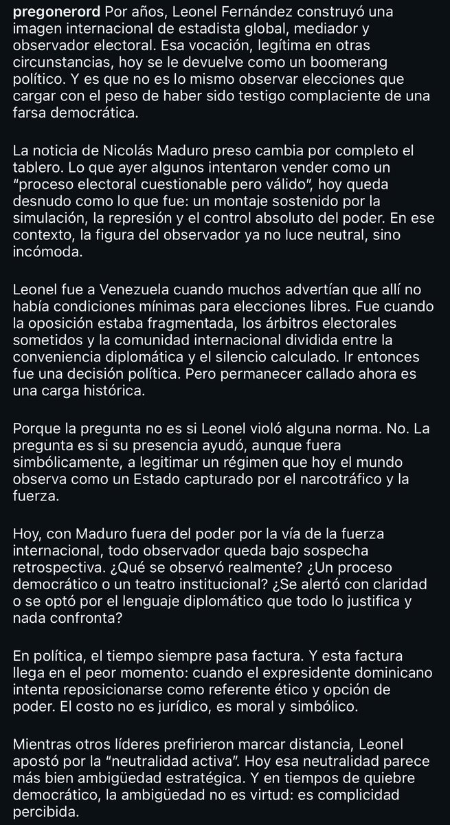 El peor error de <a href="/LeonelFernandez/">Leonel Fernández</a> fue blanquear la dictadura de Chávez, blanquear la de Maduro y asociarse con lo peor del nuestra región: Cristina, Maduro, Chávez, Lula, Petro, Bachelet, Ortega, AMLO. De forma sencilla, Leonel debe permanecer en el lugar que está.