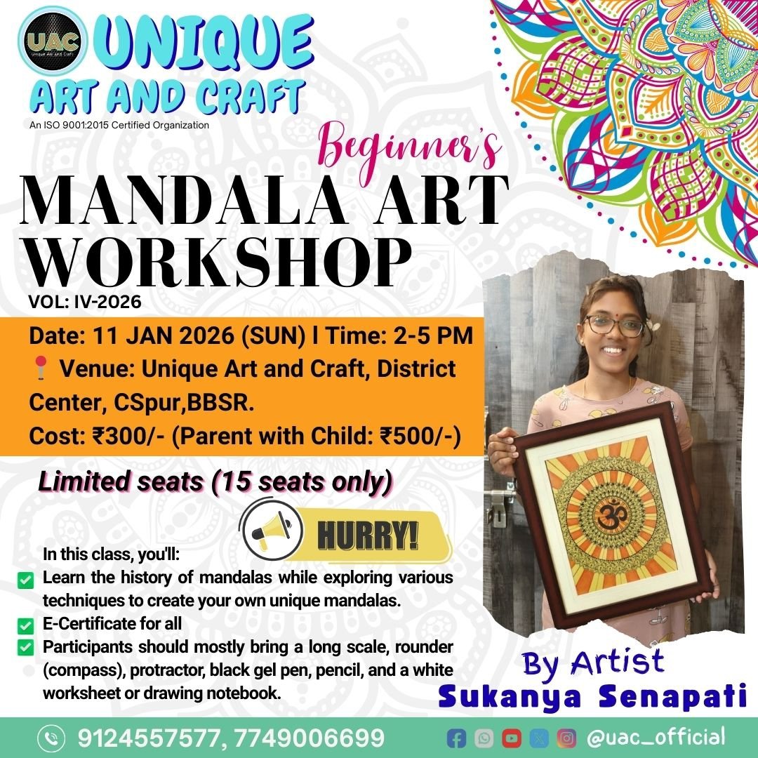 uac__official's tweet photo. MANDALA ART WORKSHOP (VOL:4/26)
Date: 11/1/26
Time: 2 pm - 5 pm
Venue: District Center, BBSR
*Learn the history of mandalas
*E-Certificate for all 
*Participants should mostly bring a long scale, rounder, protractor, black gel pen, pencil, and a white worksheet/drawing book
#uac https://t.co/oTVIFrM3EM