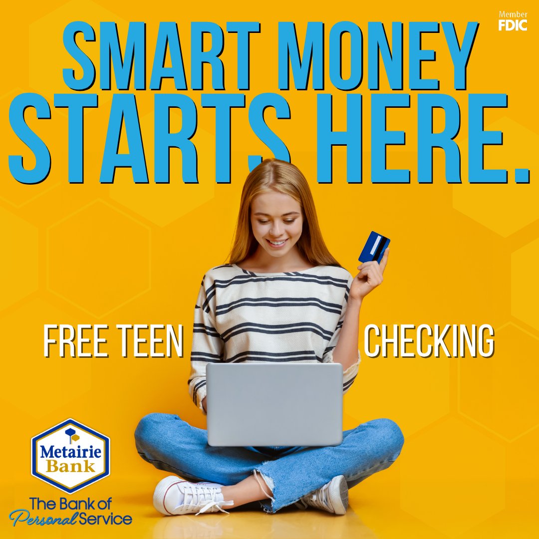 Teach smart money habits early! Metairie Bank’s FREE Teen Checking helps teens build real-world money management skills — no monthly fees, no minimum balance and no per-check charges.

Open an account at any Metairie Bank location!

#CommunityBank #WeConnectWithYou #Metairie