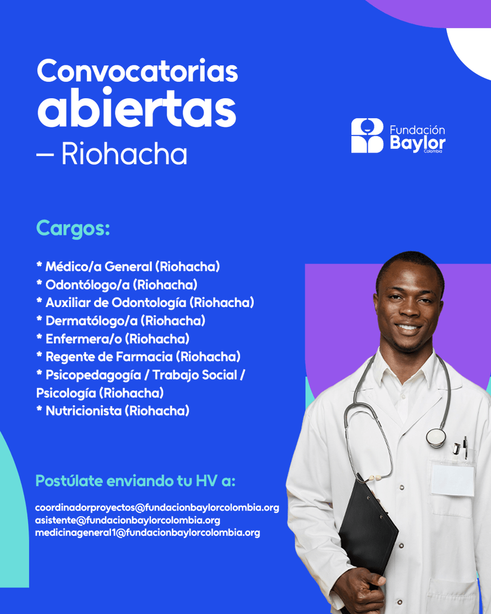 Convocatorias abiertas — Riohacha.

Perfiles: Médico/a General, Odontólogo/a, Auxiliar de Odontología, Dermatólogo/a, Enfermera/o, Regente de Farmacia, Psicopedagogía/Trabajo Social/Psicología y Nutricionista.

Apertura: 23.12.2025 · Cierre: 07.01.2026.