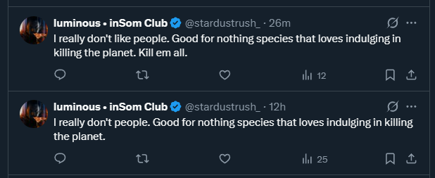 <a href="/stardustrush_/">luminous • K*ll the elite class</a> <a href="/Cyrain/">Cyrain</a> <a href="/Scraggus_NE/">Armadillidiidae</a> <a href="/Splash_Dmg/">Splash Damage!! 🦋:splashceles</a> Based on this reply it's clear you're coming into this despite not knowing who I was 10 minutes ago. You're X's target demo, a guy who joined 3 months ago, getting dripfed simple outrage you don't actually care about sparked by people you don't know, begging you to heave your