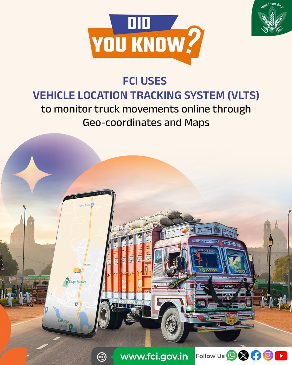 Food Corporation of India closely monitors road movement of vehicles transporting food grains using VLTS to ensure that the stock reaches beneficiaries safely and to provide emergency assistance when required.

#DidYouKnow