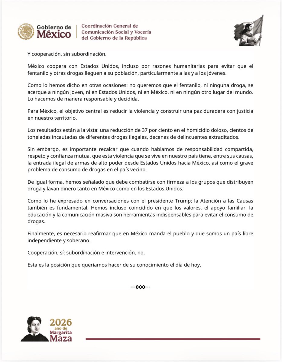 La paz no se impone, se construye.
México apuesta por la cooperación internacional con sentido humano, sin injerencias y con pleno respeto a la soberanía de los pueblos. Así lo expresa la Presidenta <a href="/Claudiashein/">Claudia Sheinbaum Pardo</a> con claridad y responsabilidad.

#Paz #CooperaciónInternacional