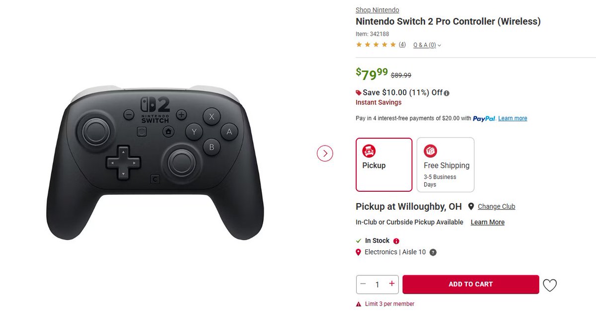 Wario64's tweet image. Nintendo Switch 2 Pro Controller is $79.99 at BJs buff.ly/mmtHMUp