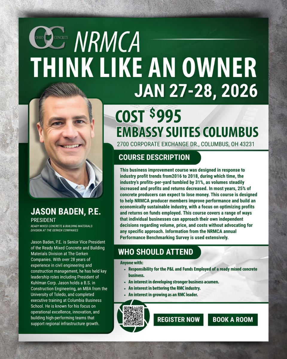 OHConcrete's tweet photo. Spots are filling up fast for NRMCA’s Think Like an Owner course, Jan 27–28 in Columbus.

Register now: https://t.co/P0LzSJIina

#OhioConcrete 
#NRMCA 
#ThinkLikeAnOwner https://t.co/GfmaviMK6A