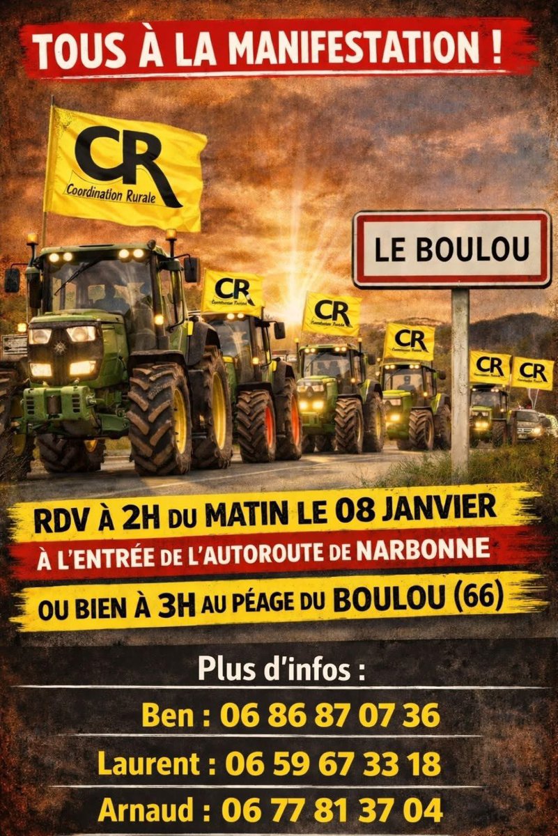 ResistPaysans's tweet image. 🚨 🚜 BLOCAGE À LA FRONTIÈRE  FRANCO-ESPAGNOLE DÈS JEUDI !

La Coordination rurale se joint aux agriculteurs de la Confédération paysanne pour bloquer l’autoroute A9 au niveau du Boulou (66) à partir du jeudi 08/01.