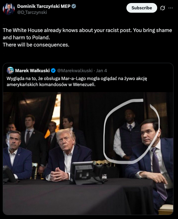 Polish White House correspondent made a raycist (and actually slightly funny) joke about Trump's Mar-a-Lago war room photo and FIRST reaction of our local celebrity top goy was to rat him out and threaten with consequences. You honestly can't hate PiS enough.